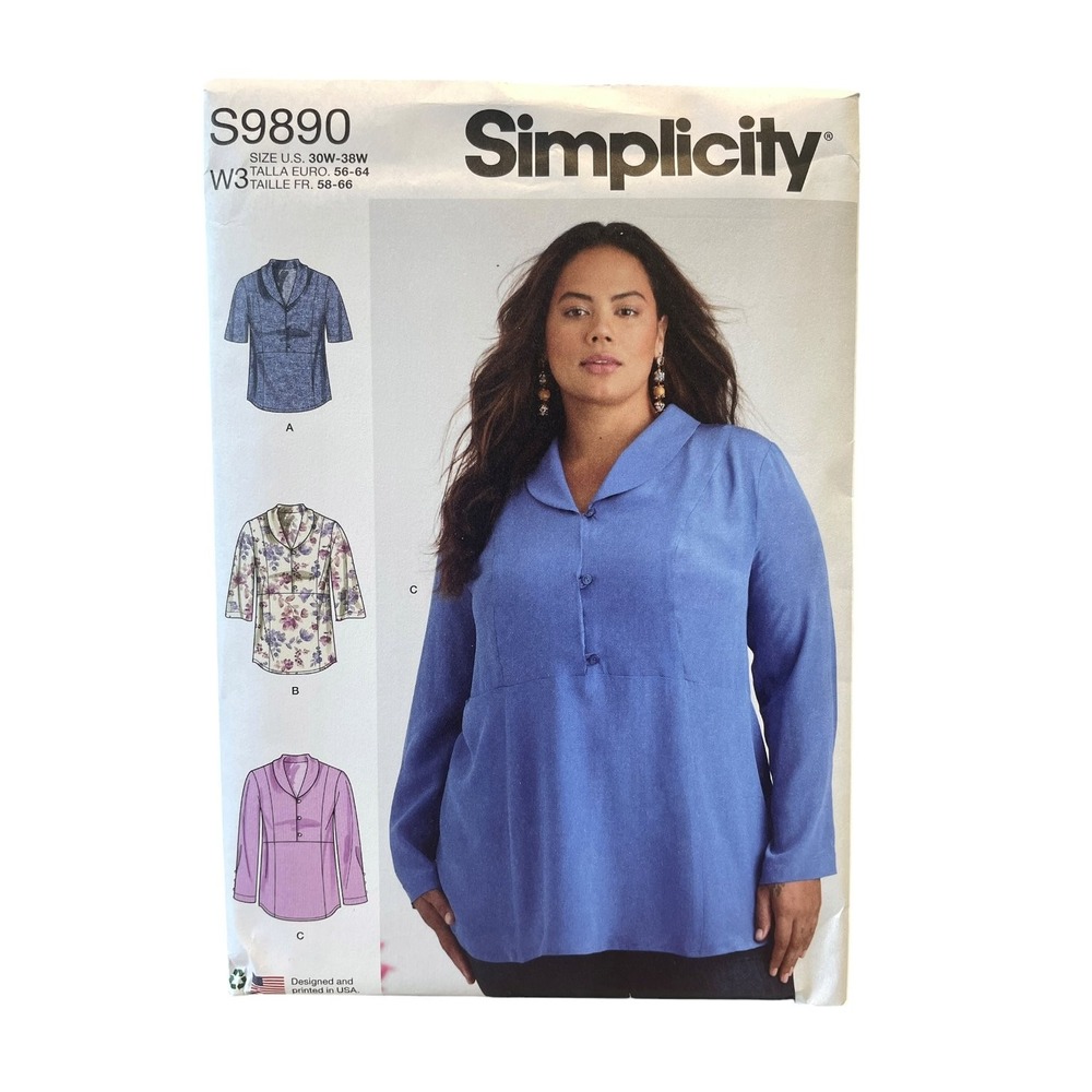 Simplicity S9890 Women's Top Blouse Tunic W3 30W-38W Plus Size Modern Casual